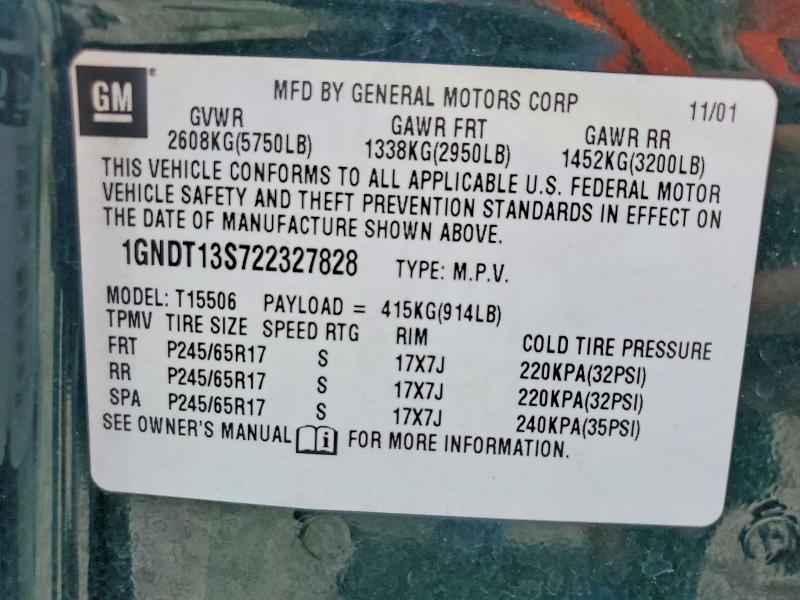 2002 Chevrolet Trailblazer მანქანა იყიდება აუქციონზე, vin: 1GNDT13S722327828, აუქციონის ნომერი: 55414316