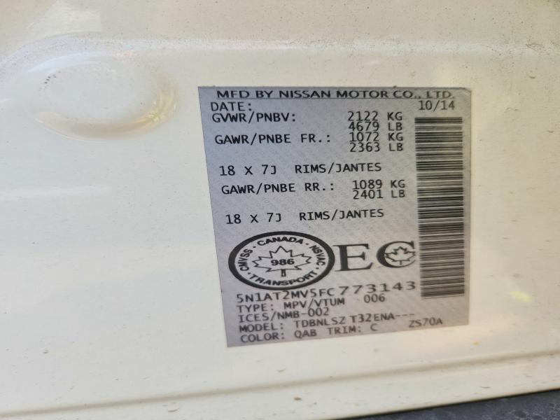 2015 Nissan Rogue მანქანა იყიდება აუქციონზე, vin: 5N1AT2MV5FC773143, აუქციონის ნომერი: 55779336