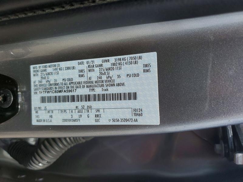 Aukcja sprzedaży 2021 Ford F150, vin: 1FTFW1C80MFA59617, numer aukcji: 57959936
