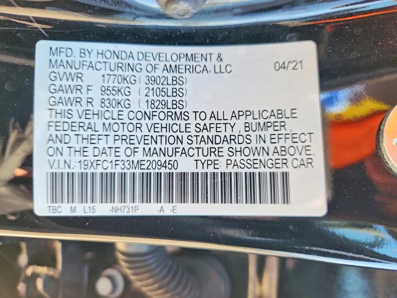 Продаж на аукціоні авто 2021 Honda Civic, vin: 19XFC1F33ME209450, номер лоту: 58232036