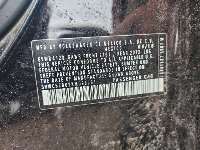 2019 Volkswagen Jetta მანქანა იყიდება აუქციონზე, vin: 3VWC57BU2KM098761, აუქციონის ნომერი: 55926286