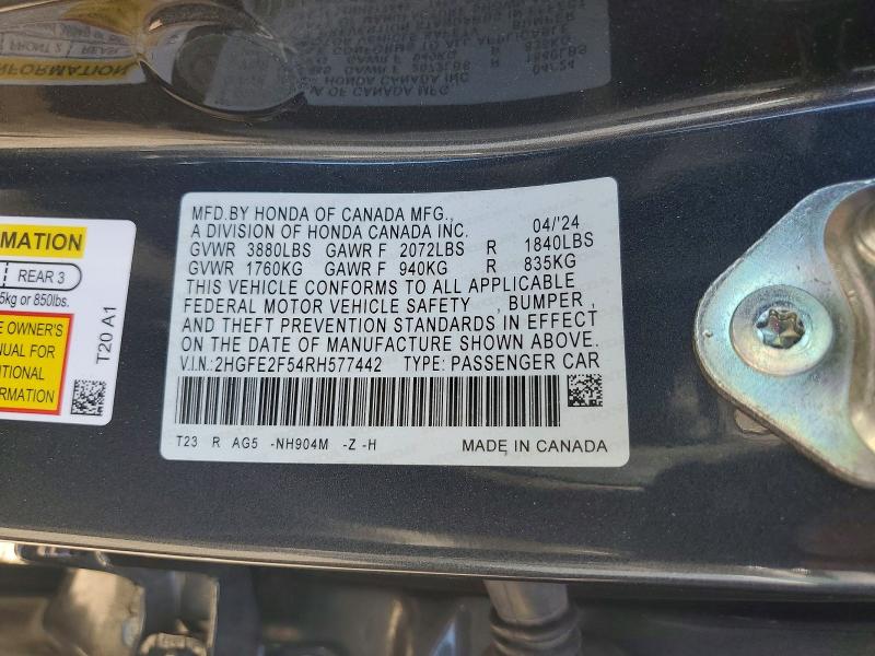 2024 Honda Civic მანქანა იყიდება აუქციონზე, vin: 2HGFE2F54RH577442, აუქციონის ნომერი: 57879646