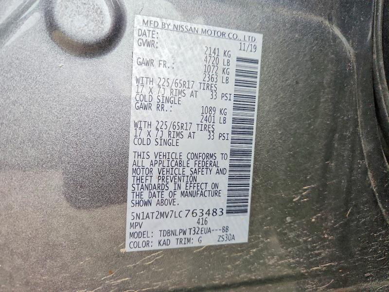 56670596 :رقم المزاد ، 5N1AT2MV7LC763483 vin ، 2020 Nissan Rogue مزاد بيع