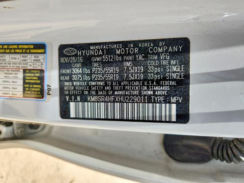 Aukcja sprzedaży 2017 Hyundai Santa Fe, vin: KM8SR4HFXHU229011, numer aukcji: 58160336