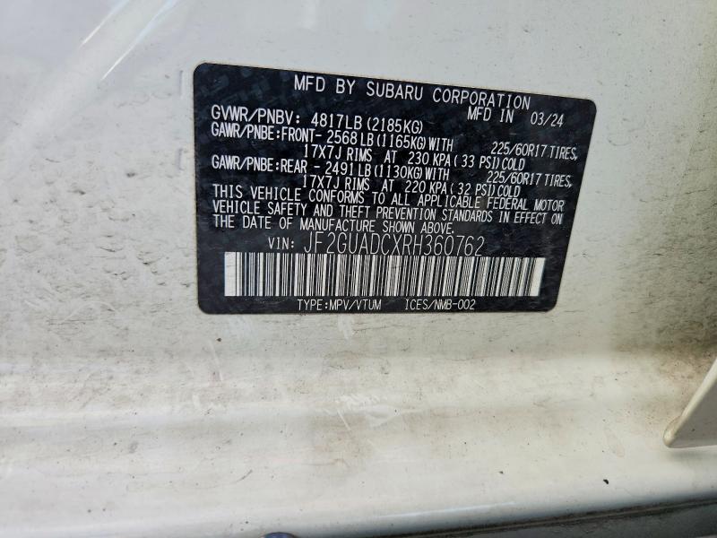 57861136 :رقم المزاد ، JF2GUADCXRH360762 vin ، 2024 Subaru Crosstrek مزاد بيع