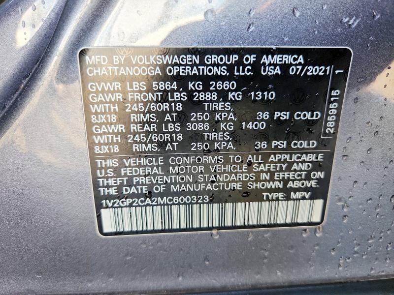 56103416 :رقم المزاد ، 1V2GP2CA2MC600323 vin ، 2021 Volkswagen Atlas مزاد بيع