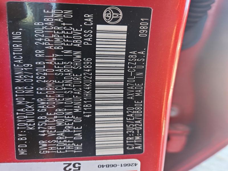 55727846 :رقم المزاد ، 4T1B11HK4KU224896 vin ، 2019 Toyota Camry مزاد بيع