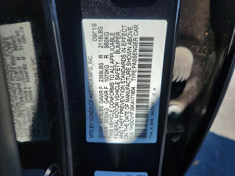 57611676 :رقم المزاد ، 1HGCV1F39KA171804 vin ، 2019 Honda Accord مزاد بيع