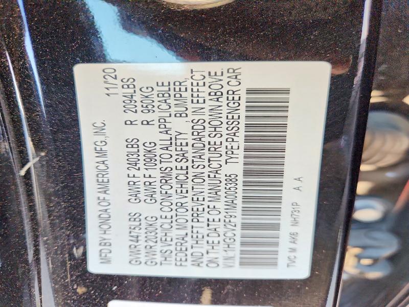 Продаж на аукціоні авто 2021 Honda Accord, vin: 1HGCV2F91MA005385, номер лоту: 57930326
