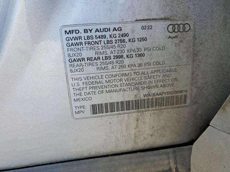 Продаж на аукціоні авто 2022 Audi Q5, vin: WA1EAAFY5N2065616, номер лоту: 57144296