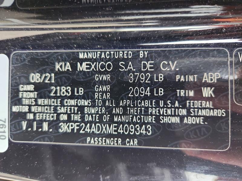 Продажа на аукционе авто 2021 Kia Forte, vin: 3KPF24ADXME409343, номер лота: 57706356