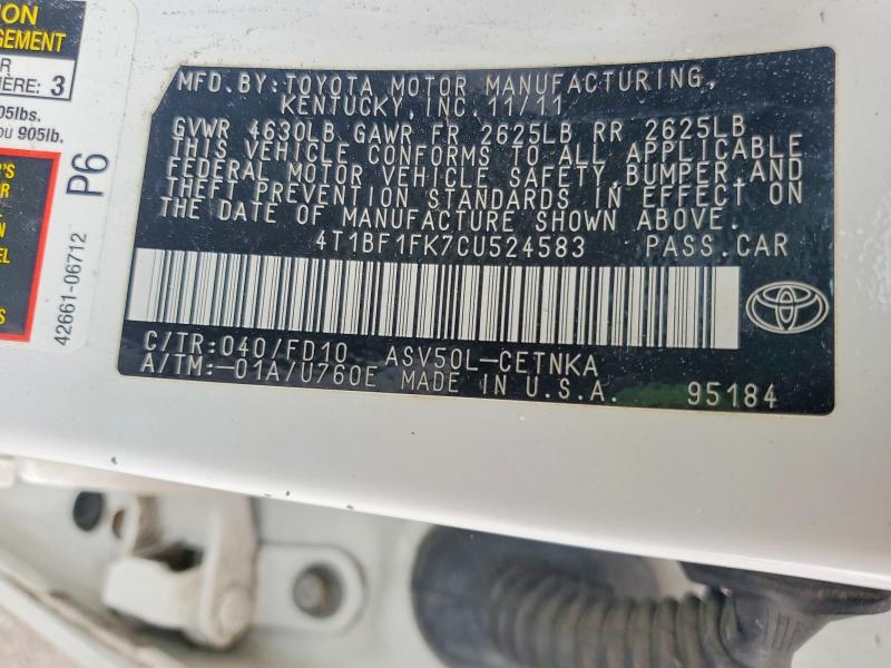 56876776 :رقم المزاد ، 4T1BF1FK7CU524583 vin ، 2012 Toyota Camry مزاد بيع