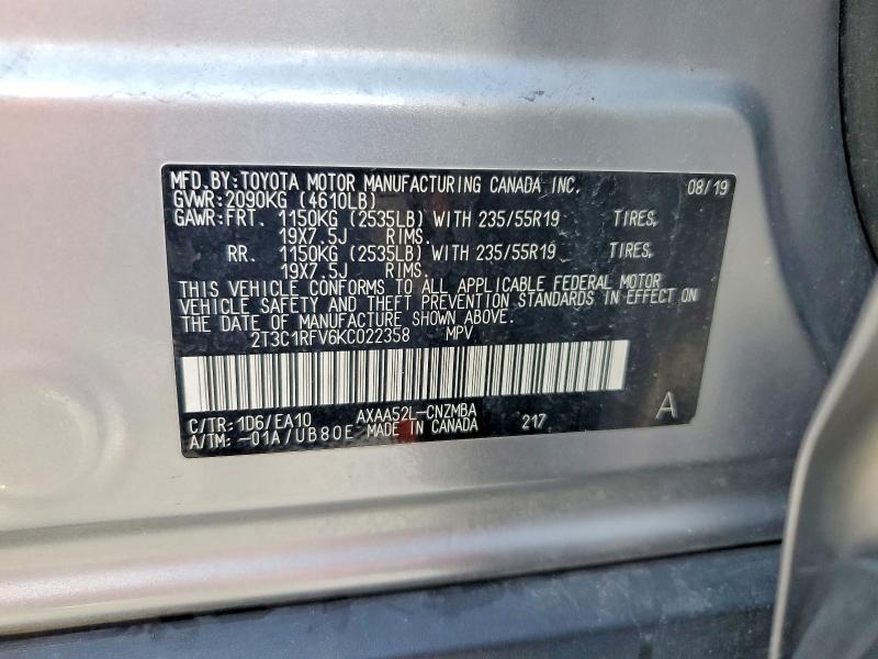2019 Toyota Rav4 მანქანა იყიდება აუქციონზე, vin: 2T3C1RFV6KC022358, აუქციონის ნომერი: 56287206