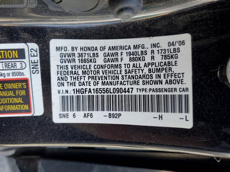 Aukcja sprzedaży 2006 Honda Civic, vin: 1HGFA16556L090447, numer aukcji: 58031796