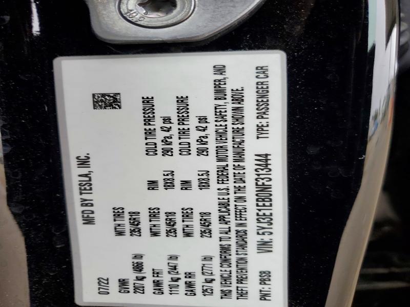 Aukcja sprzedaży 2022 Tesla Model 3, vin: 5YJ3E1EB0NF313444, numer aukcji: 57915136