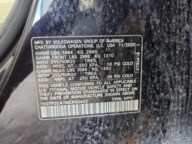 2021 Volkswagen Atlas მანქანა იყიდება აუქციონზე, vin: 1V2TP2CA1MC550402, აუქციონის ნომერი: 56651056