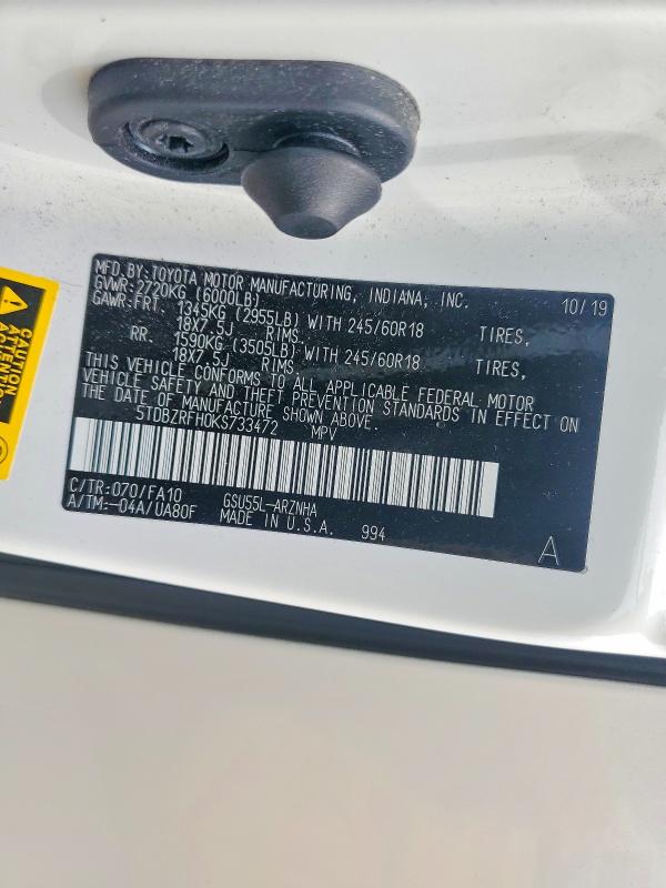 Продаж на аукціоні авто 2019 Toyota Highlander, vin: 5TDBZRFH0KS733472, номер лоту: 56926936
