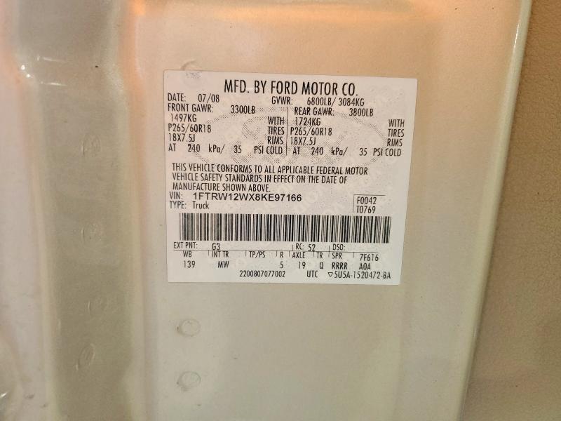 56940166 :رقم المزاد ، 1FTRW12WX8KE97166 vin ، 2008 Ford F150 مزاد بيع