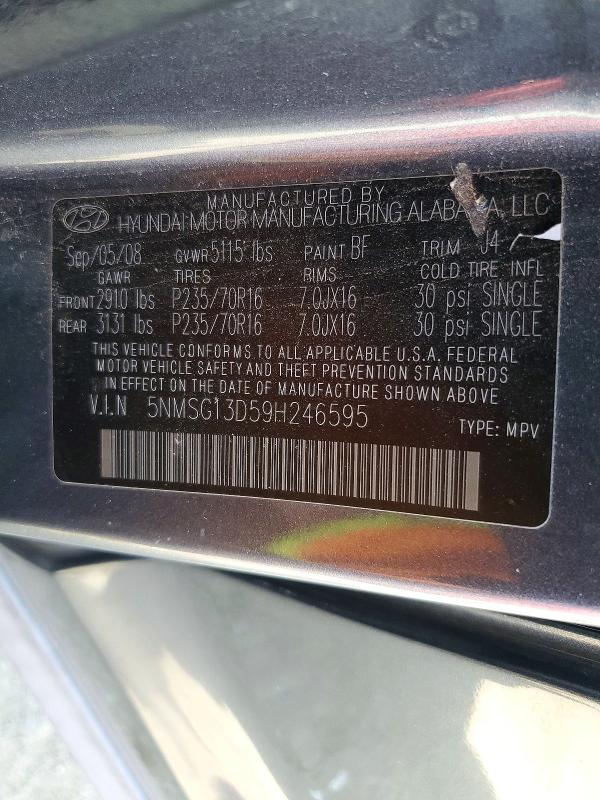 Aukcja sprzedaży 2009 Hyundai Santa Fe, vin: 5NMSG13D59H246595, numer aukcji: 57007536