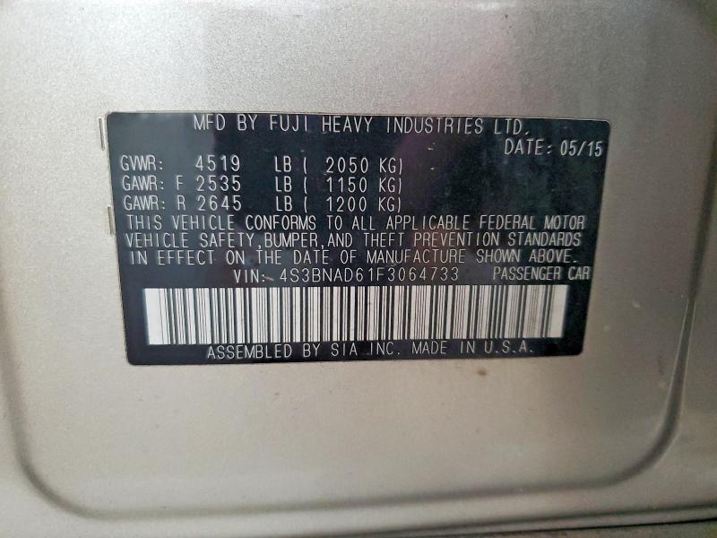 2015 Subaru Legacy მანქანა იყიდება აუქციონზე, vin: 4S3BNAD61F3064733, აუქციონის ნომერი: 58662466