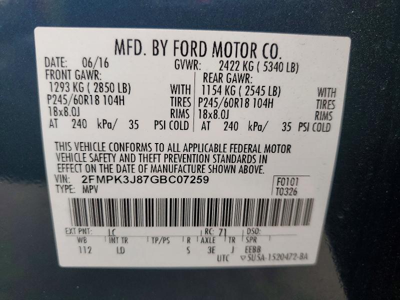 58467076 :رقم المزاد ، 2FMPK3J87GBC07259 vin ، 2016 Ford Edge مزاد بيع