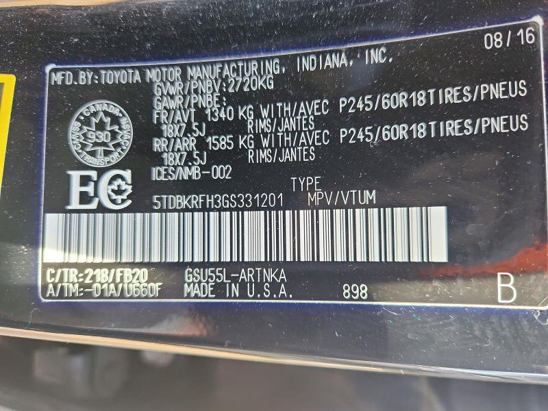 56377556 :رقم المزاد ، 5TDBKRFH3GS331201 vin ، 2016 Toyota Highlander مزاد بيع