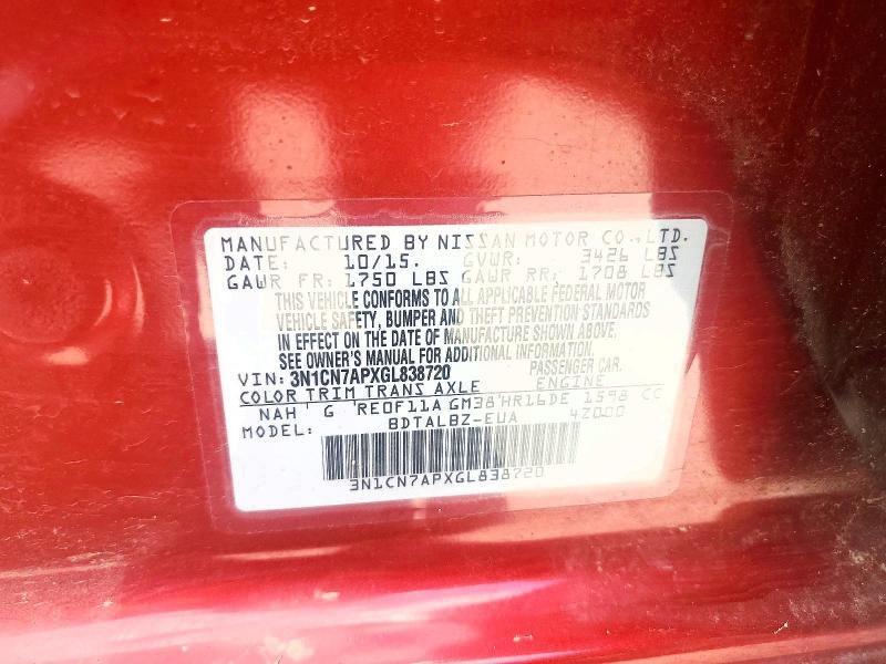 2016 Nissan Versa მანქანა იყიდება აუქციონზე, vin: 3N1CN7APXGL838720, აუქციონის ნომერი: 57068196