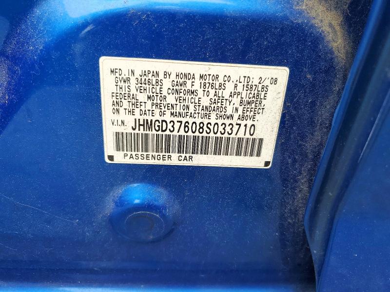 2008 Honda Fit მანქანა იყიდება აუქციონზე, vin: JHMGD37608S033710, აუქციონის ნომერი: 56300666