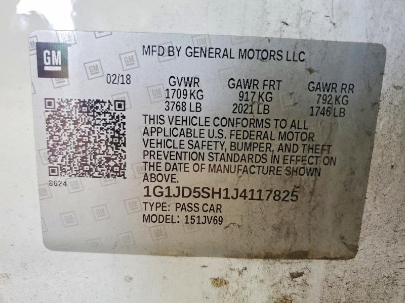 57166926 :رقم المزاد ، 1G1JD5SH1J4117825 vin ، 2018 Chevrolet Sonic مزاد بيع