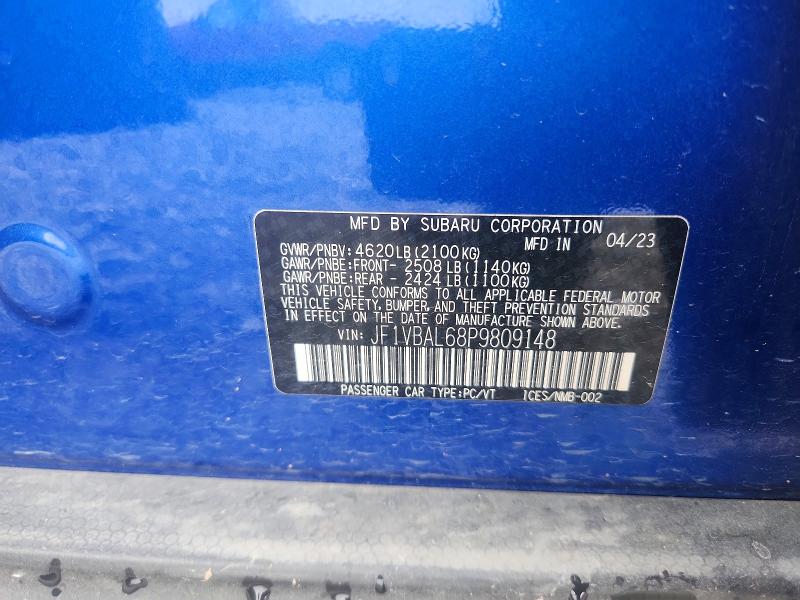 2023 Subaru Wrx მანქანა იყიდება აუქციონზე, vin: JF1VBAL68P9809148, აუქციონის ნომერი: 58648356