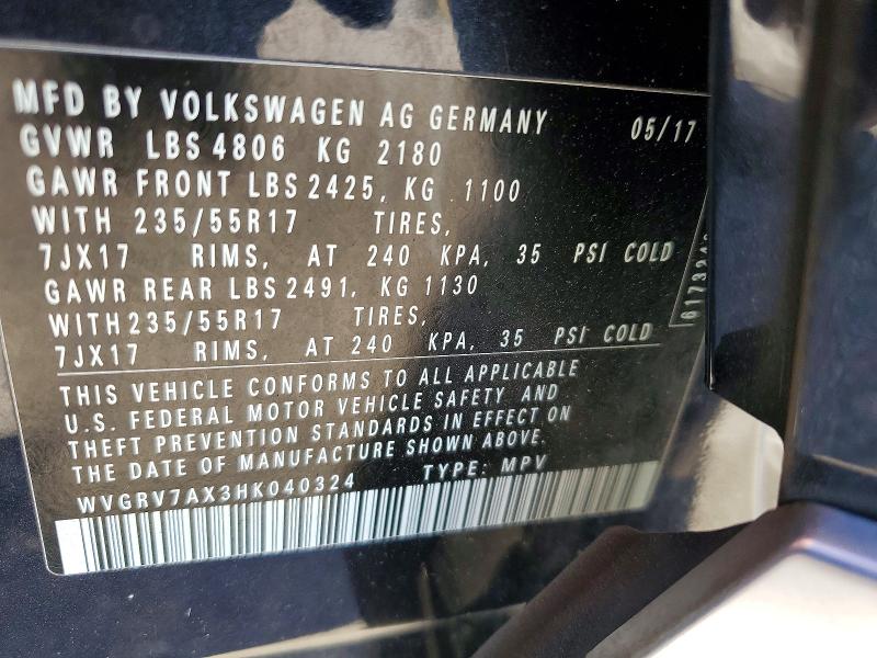 Aukcja sprzedaży 2017 Volkswagen Tiguan, vin: WVGRV7AX3HK040324, numer aukcji: 56297376