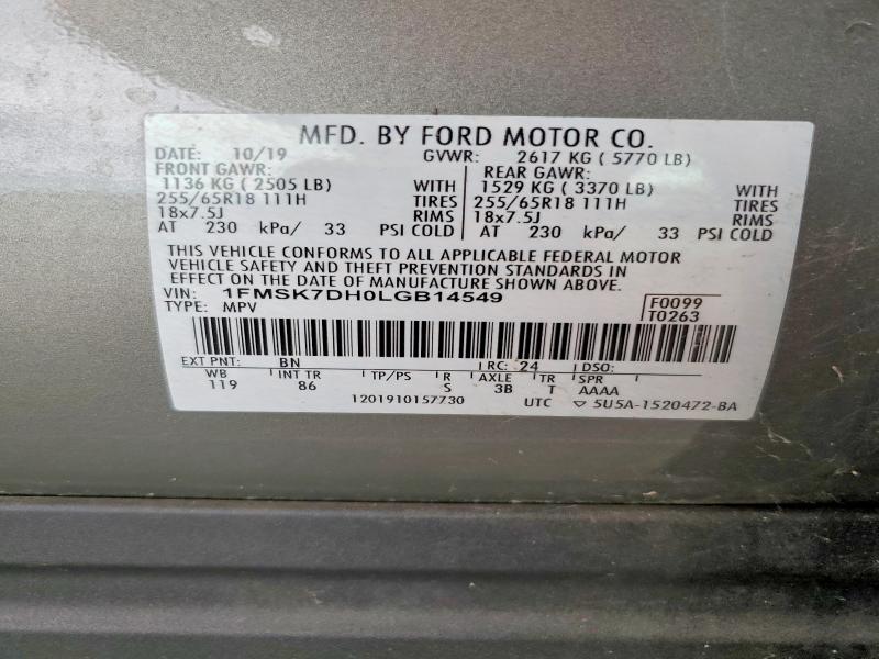 Aukcja sprzedaży 2020 Ford Explorer, vin: 1FMSK7DH0LGB14549, numer aukcji: 56337696