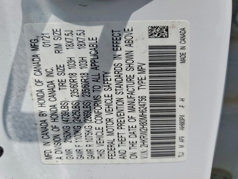 2021 Honda Cr-v მანქანა იყიდება აუქციონზე, vin: 2HKRW2H80MH624756, აუქციონის ნომერი: 56354426