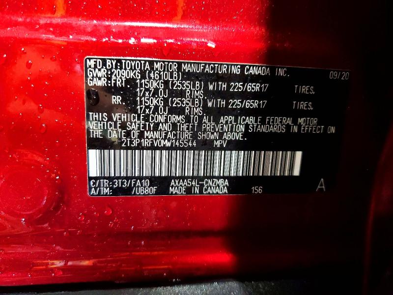 Aukcja sprzedaży 2021 Toyota Rav4, vin: 2T3P1RFV0MW145544, numer aukcji: 56691426