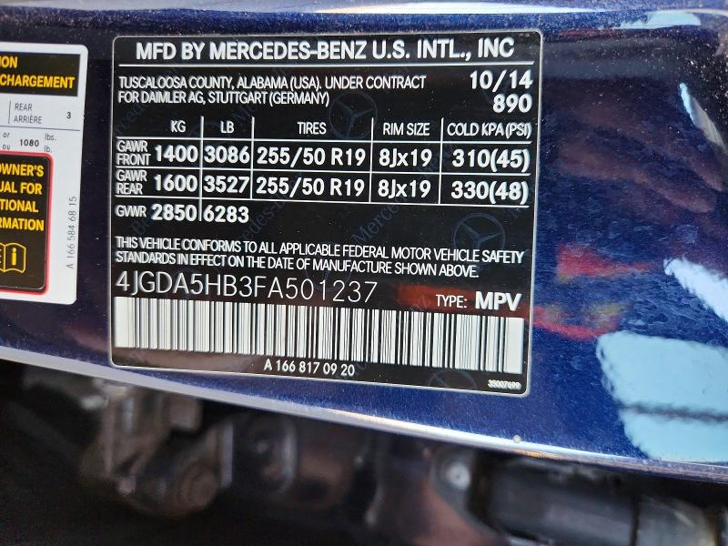 Auction sale of the 2015 Mercedes-benz Ml, vin: 4JGDA5HB3FA501237, lot number: 56698256
