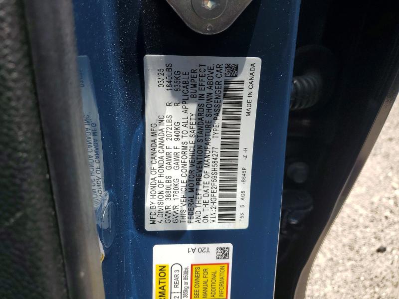 2025 Honda Civic მანქანა იყიდება აუქციონზე, vin: 2HGFE2F59SH584277, აუქციონის ნომერი: 57317176