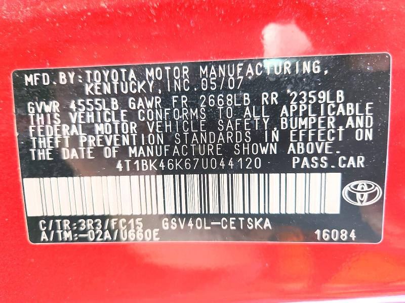 57070426 :رقم المزاد ، 4T1BK46K67U044120 vin ، 2007 Toyota Camry مزاد بيع