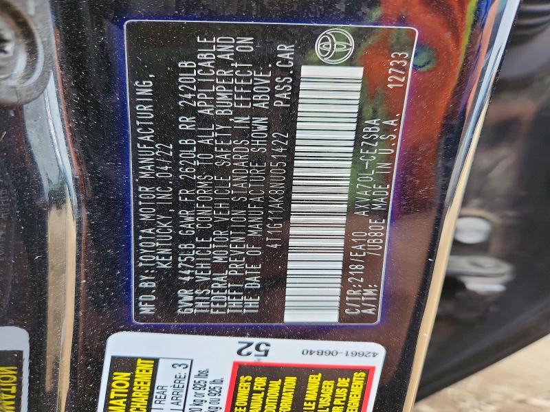 55200106 :رقم المزاد ، 4T1G11AK8NU051422 vin ، 2022 Toyota Camry مزاد بيع