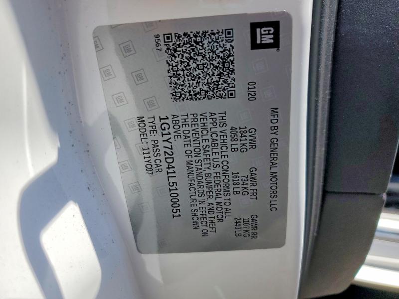 56754196 :رقم المزاد ، 1G1Y72D41L5100051 vin ، 2020 Chevrolet Corvette مزاد بيع