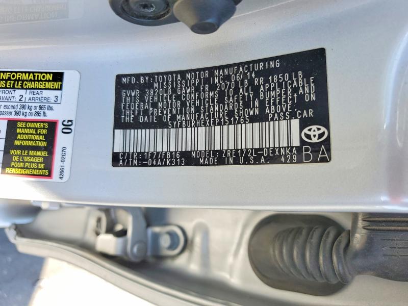 Продажа на аукционе авто 2014 Toyota Corolla, vin: 5YFBURHEXEP151765, номер лота: 55631726
