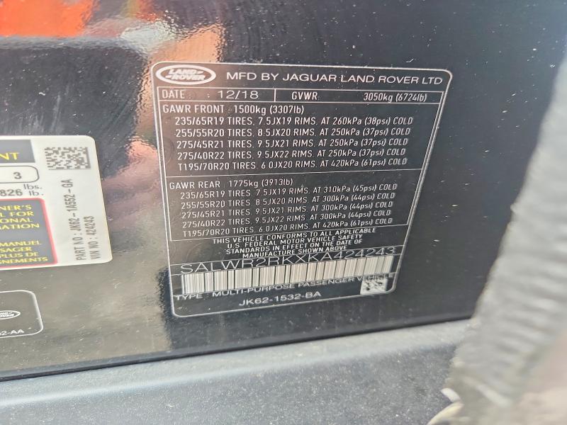 Aukcja sprzedaży 2019 Land Rover Range Rover Sport, vin: SALWR2RKXKA424243, numer aukcji: 57110796
