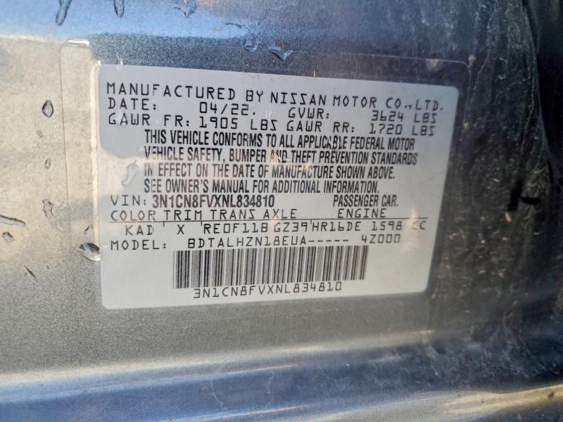 55200676 :رقم المزاد ، 3N1CN8FVXNL834810 vin ، 2022 Nissan Versa مزاد بيع