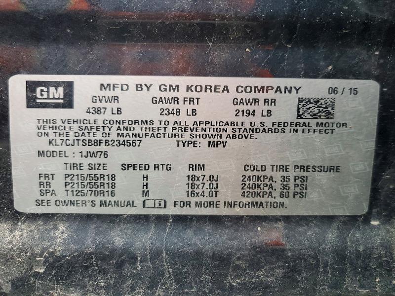 59001136 :رقم المزاد ، KL7CJTSB8FB234567 vin ، 2015 Chevrolet Trax مزاد بيع