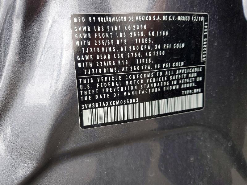 Auction sale of the 2019 Volkswagen Tiguan, vin: 3VV3B7AXXKM065063, lot number: 57935966