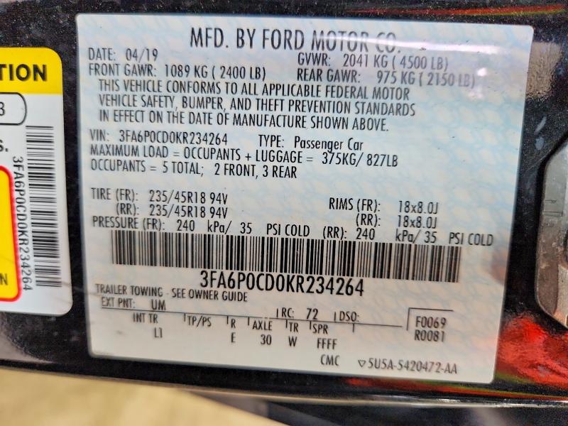 Продаж на аукціоні авто 2019 Ford Fusion, vin: 3FA6P0CD0KR234264, номер лоту: 59223466