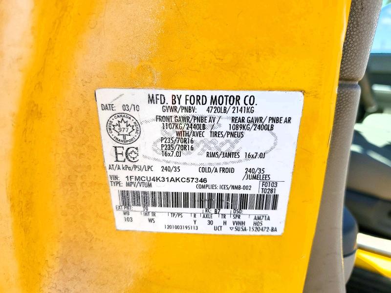 2010 Ford Escape მანქანა იყიდება აუქციონზე, vin: 1FMCU4K31AKC57346, აუქციონის ნომერი: 56659646
