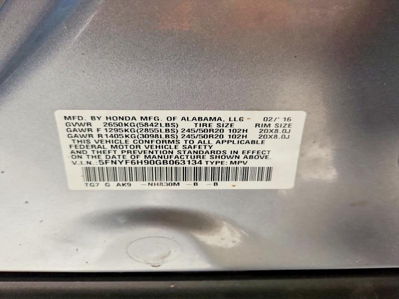 85453835 :رقم المزاد ، 5FNYF6H90GB063134 vin ، 2016 Honda Pilot مزاد بيع