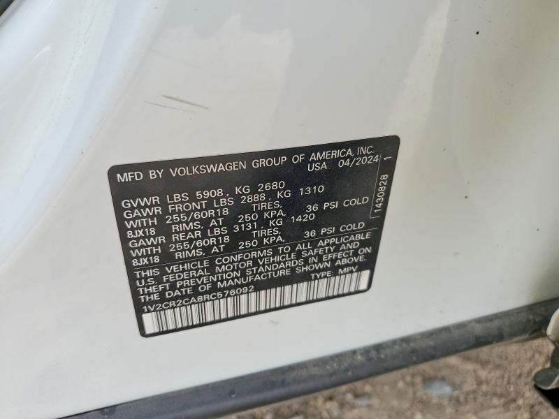 55950776 :رقم المزاد ، 1V2CR2CA8RC576092 vin ، 2024 Volkswagen Atlas مزاد بيع