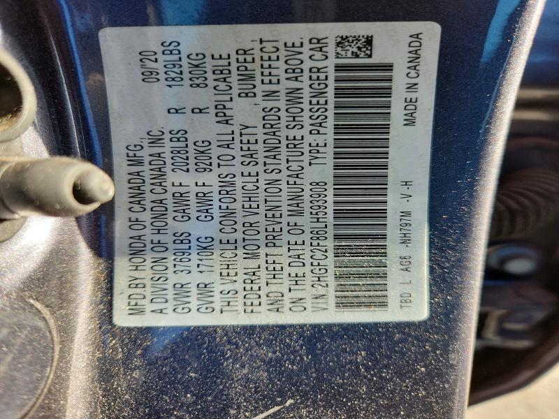 Продаж на аукціоні авто 2020 Honda Civic, vin: 2HGFC2F86LH593908, номер лоту: 57501806