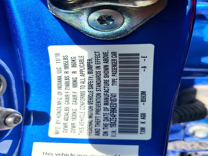 2019 Honda Insight მანქანა იყიდება აუქციონზე, vin: 19XZE4F99KE018741, აუქციონის ნომერი: 58451766